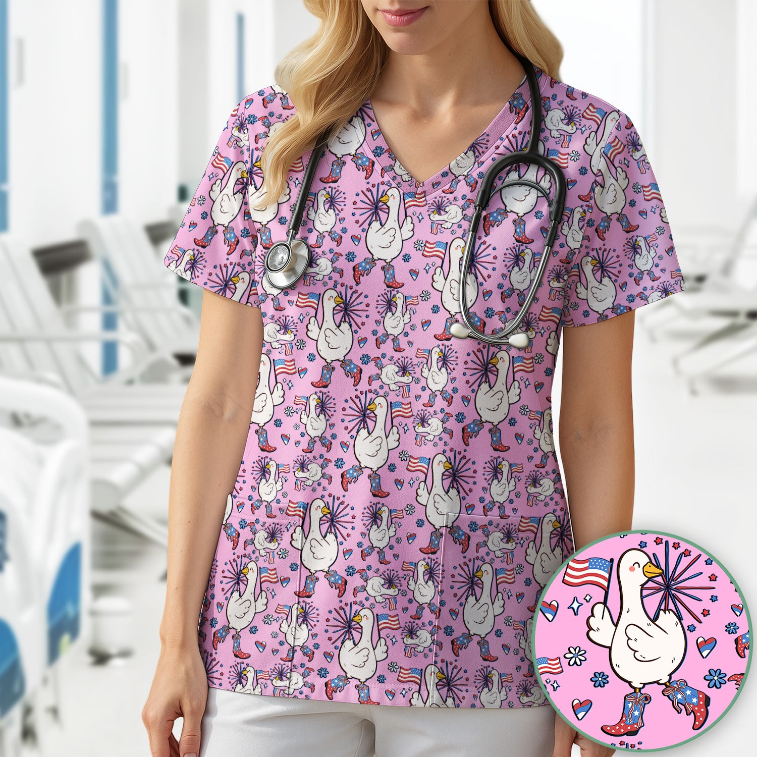 Patriotic Goose With USA Flag Fireworks Scrub Top, Comfortable Scrubs for Nurses