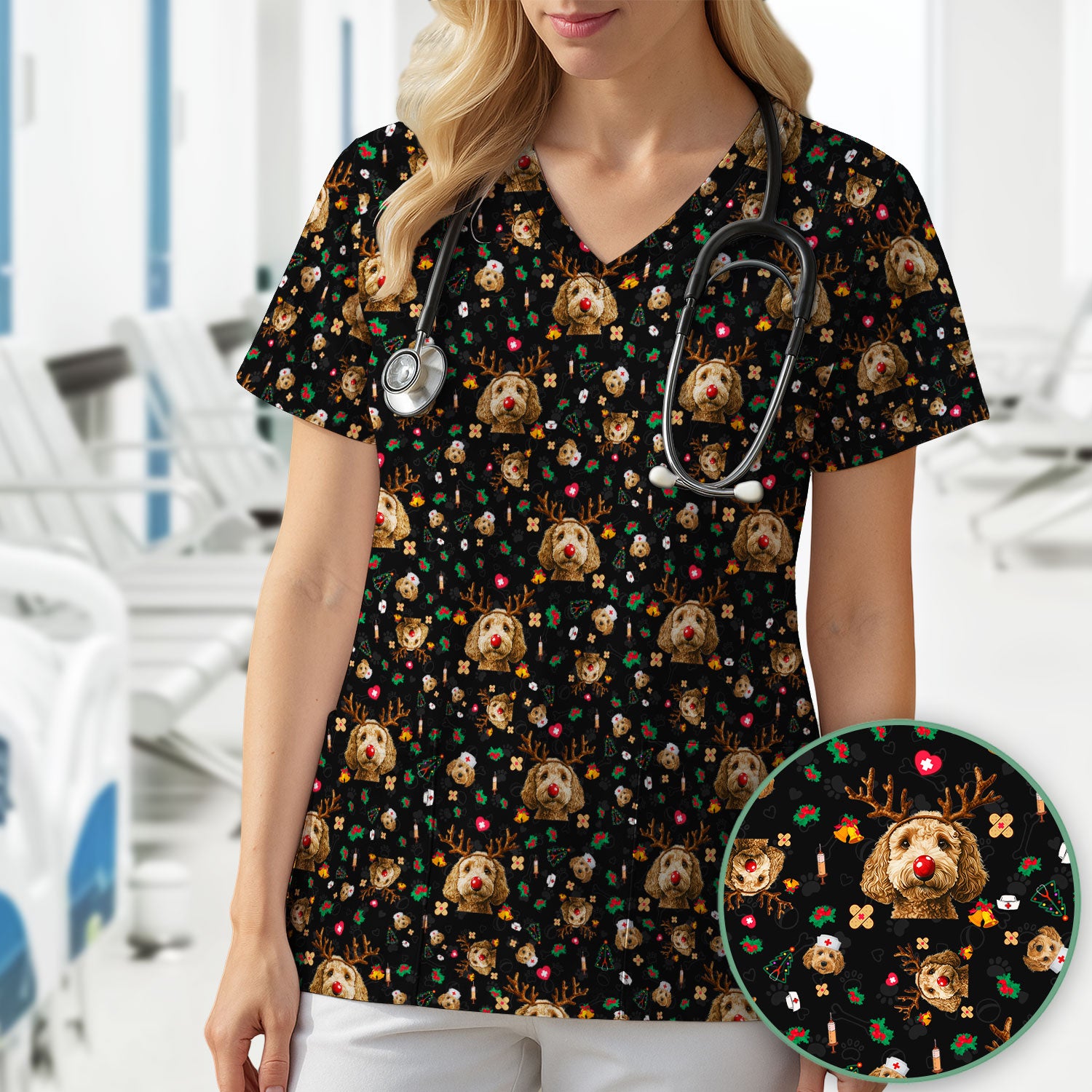 Christmas Labradoodle Scrub Top - Funny Reindeer Dog Nurse Shirt - Cute Holiday Medical Uniform for Women Healthcare Gift