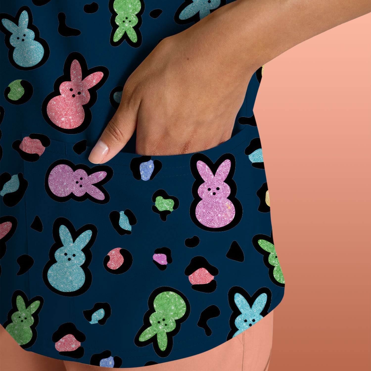 Cute Easter Bunny Pastel Pattern Scrub Top, Comfortable Scrubs for Nurses