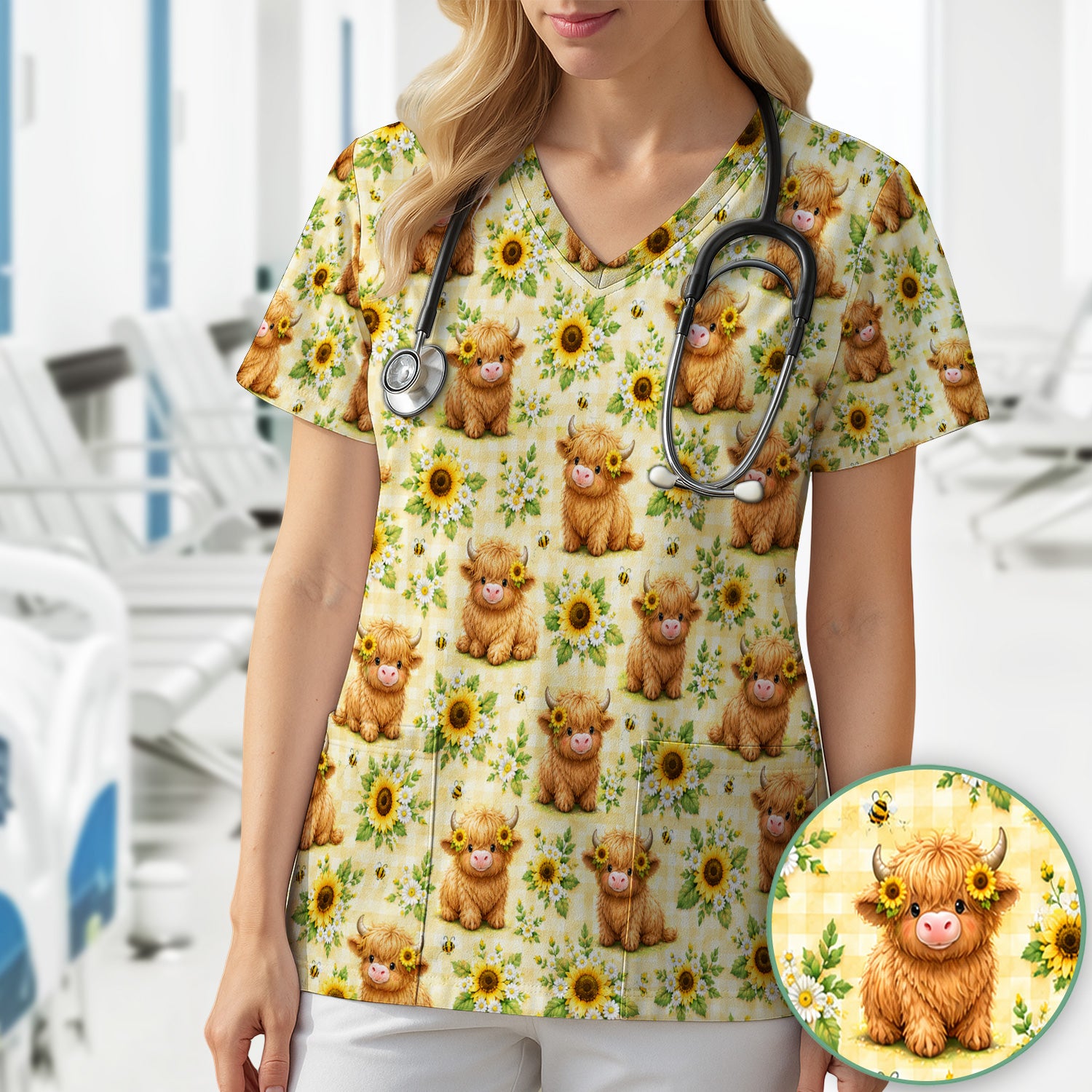Sunflower Highland Cow And Bee Pattern Scrub Top, Comfortable Scrubs for Nurses