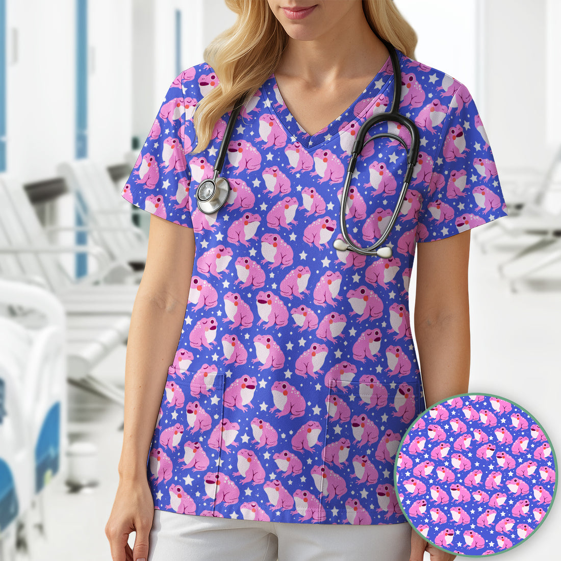 Cute Pink Frogs with Stars Pattern Scrub Top, Comfortable Scrubs for Nurses