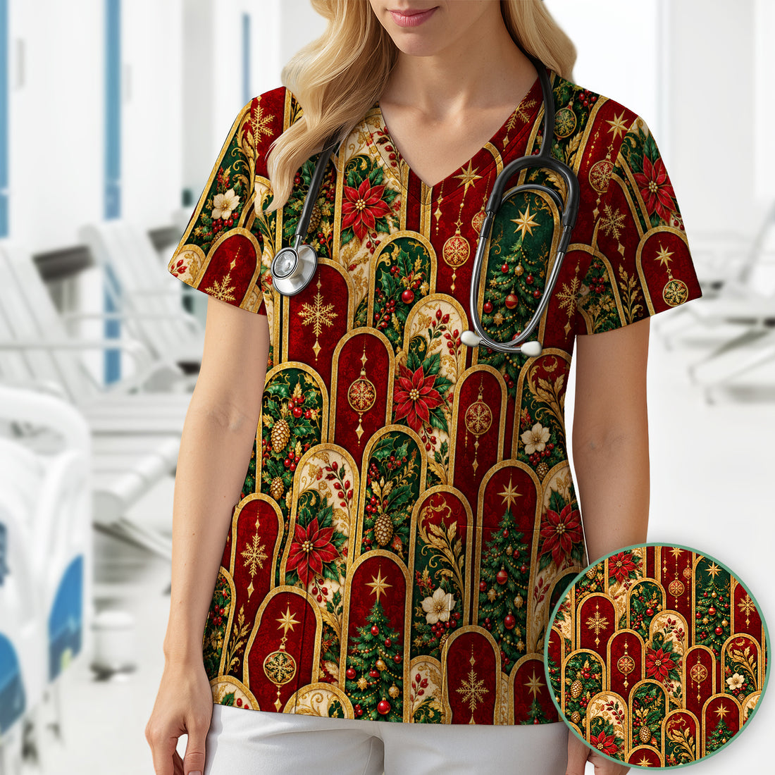 Elegant Christmas Poinsettia Gold Arch Pattern Scrub Top, Comfortable Scrubs for Nurses