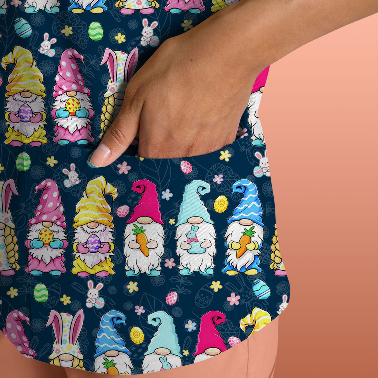 Colorful Easter Gnome Bunny Eggs Print Scrub Top, Comfortable Scrubs for Nurses