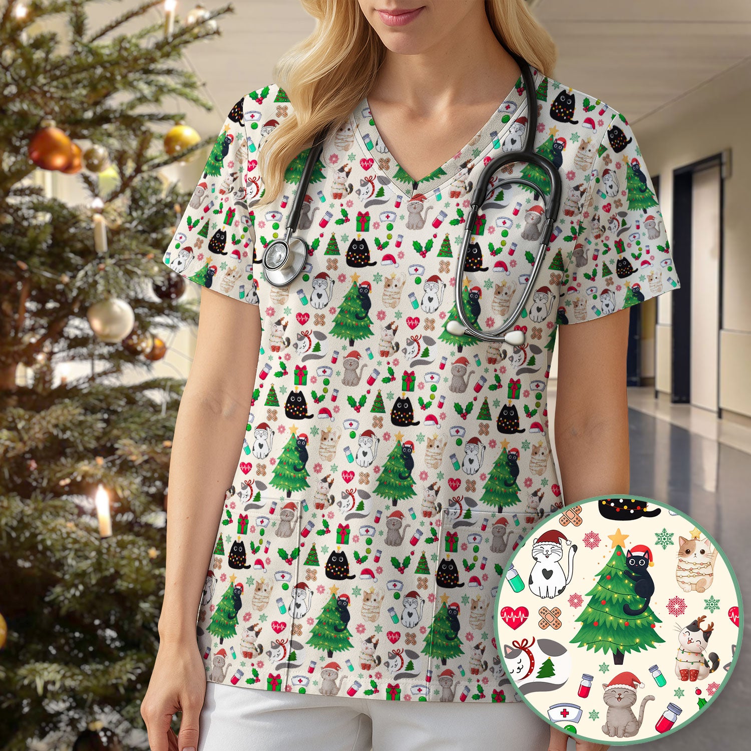 Christmas Cat Scrub Top, Xmas Pet Pattern Scrub Shirt, Breathable Fabrics Nursing Uniform