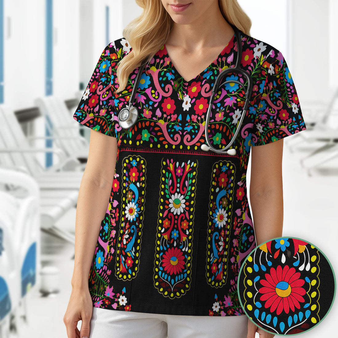 Colorful Folk Art Floral Pattern Scrub Top, Comfortable Scrubs for Nurses