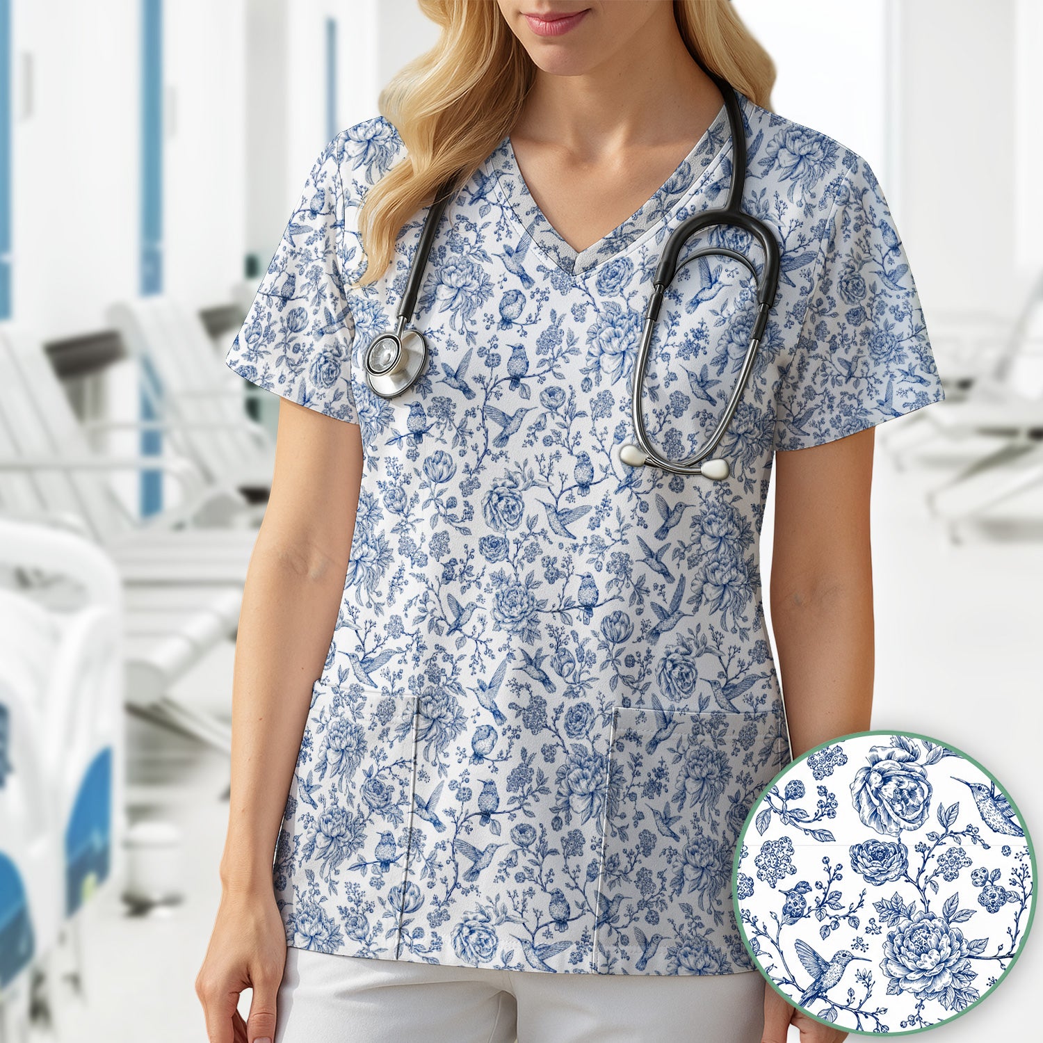 Blue Toile Hummingbird Floral Pattern Scrub Top, Comfortable Scrubs for Nurses