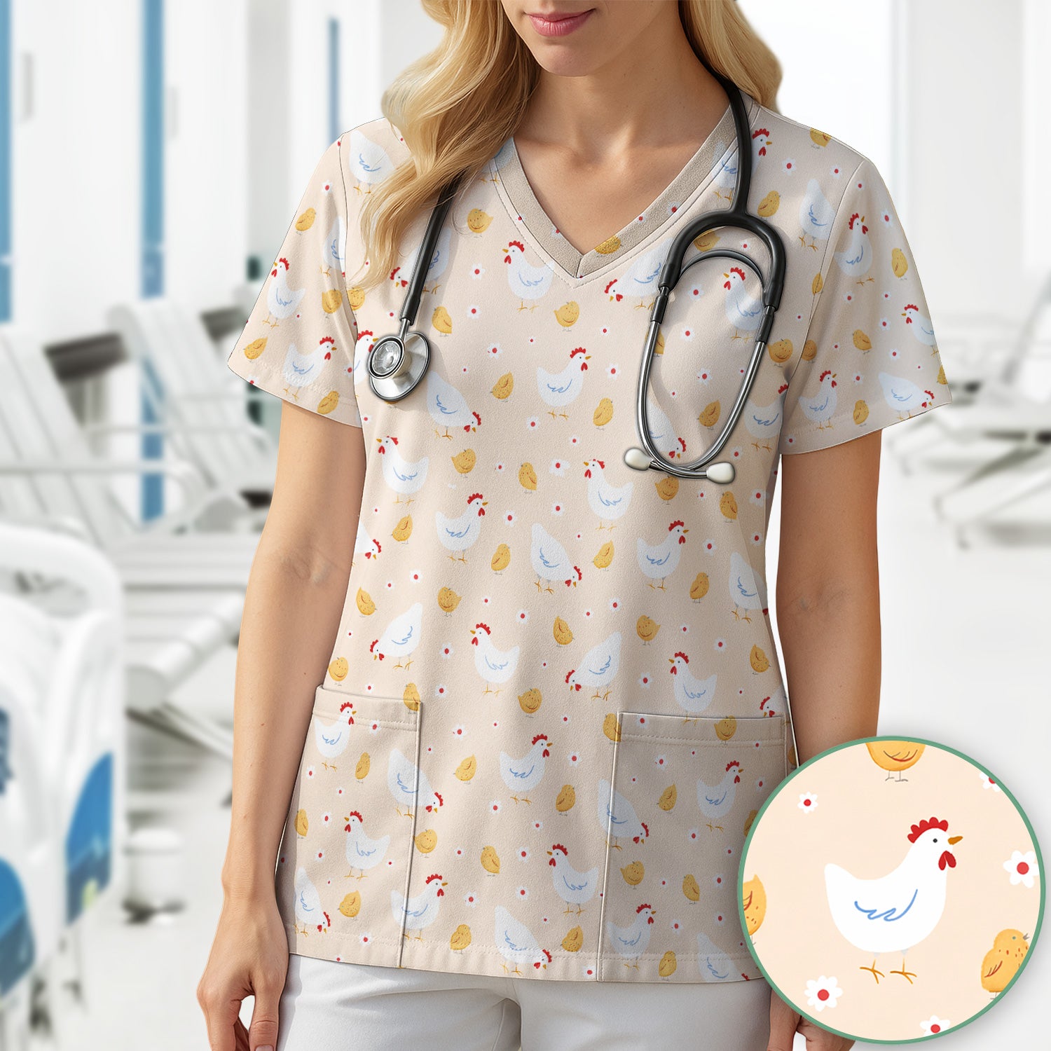 Chicken And Cute Chicks Pattern Scrubs Top, Comfortable Scrubs for Nurses