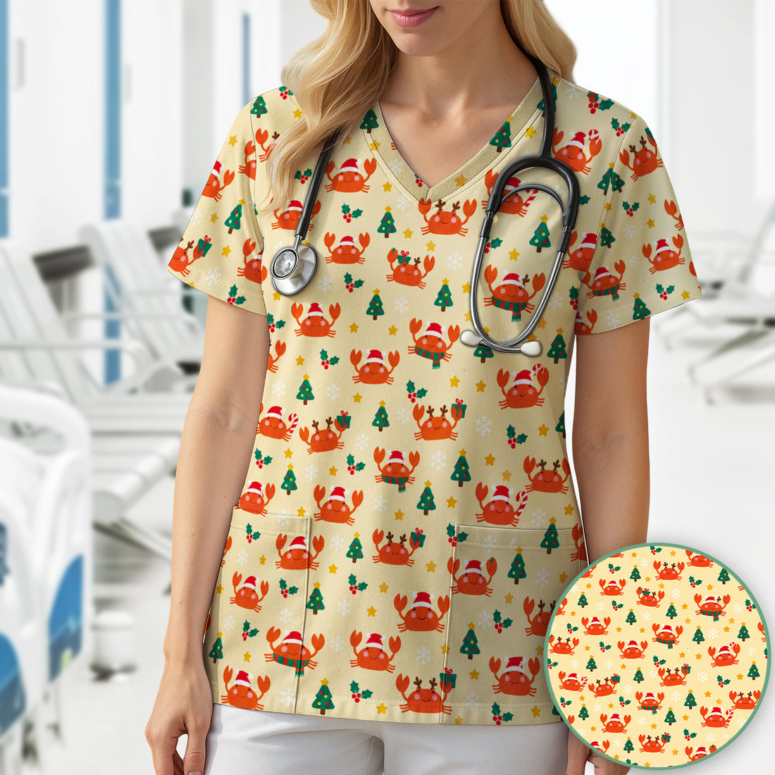 Christmas Crabs And Trees Pattern Scrub Top, Comfortable Scrubs for Nurses