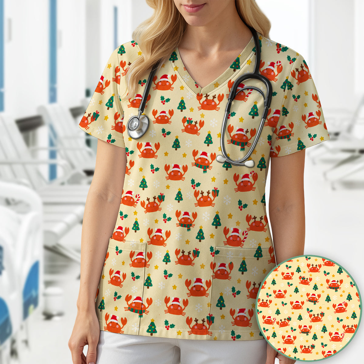 Christmas Crabs And Trees Pattern Scrub Top, Comfortable Scrubs for Nurses