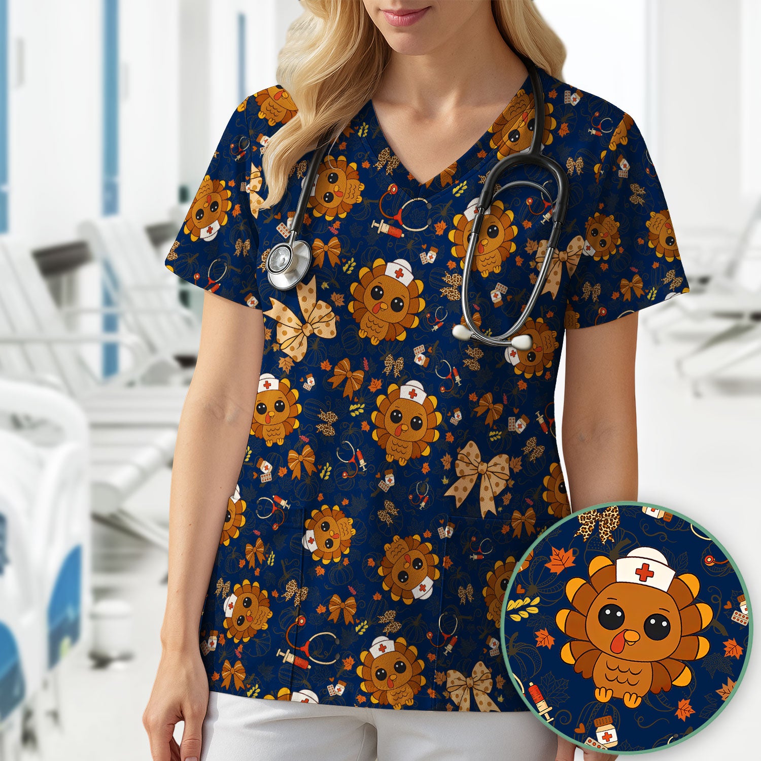 Thanksgiving Turkey Nurse Scrub Top for Women - Cute Fall Leaves and Bow Shirt - Autumn Medical Shirt Gift for RN CNA LPN Doctor