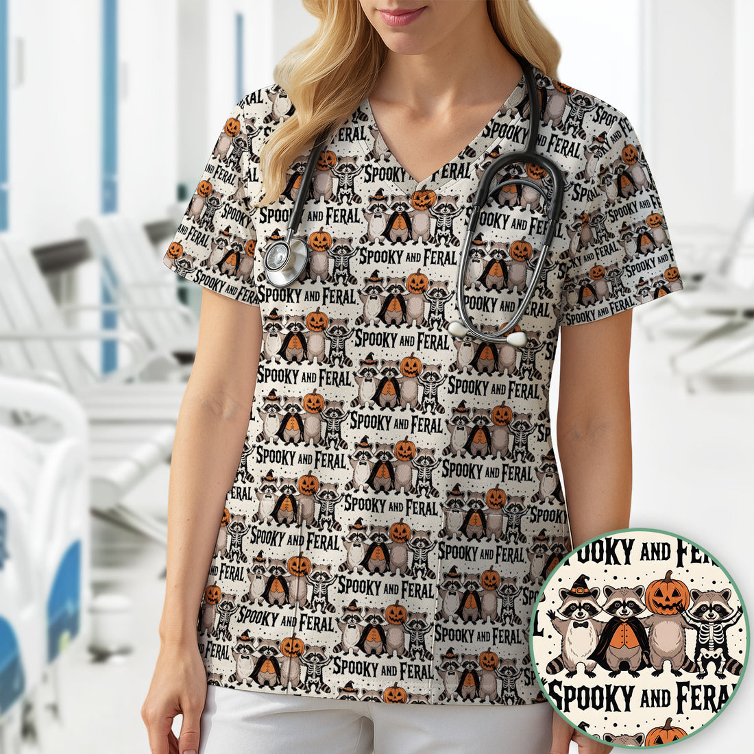 Spooky and Feral Raccoon Print Scrub Top, Comfortable Scrubs for Nurses