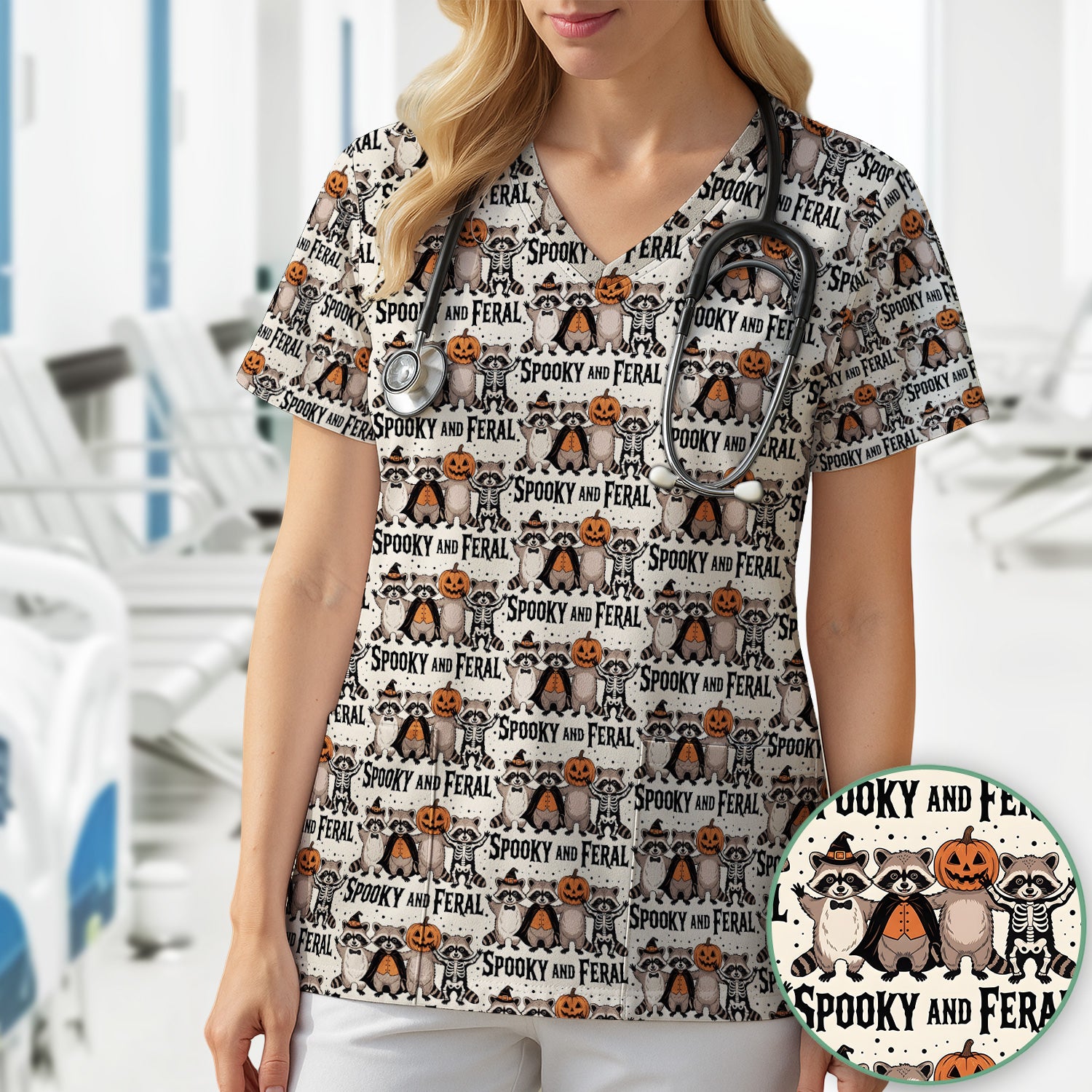 Spooky and Feral Raccoon Print Scrub Top, Comfortable Scrubs for Nurses