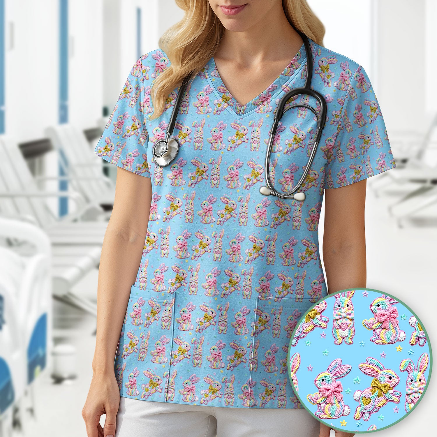 Cartoon Bunny All Over Print Scrub Top, Comfortable Scrubs for Nurses, Easter