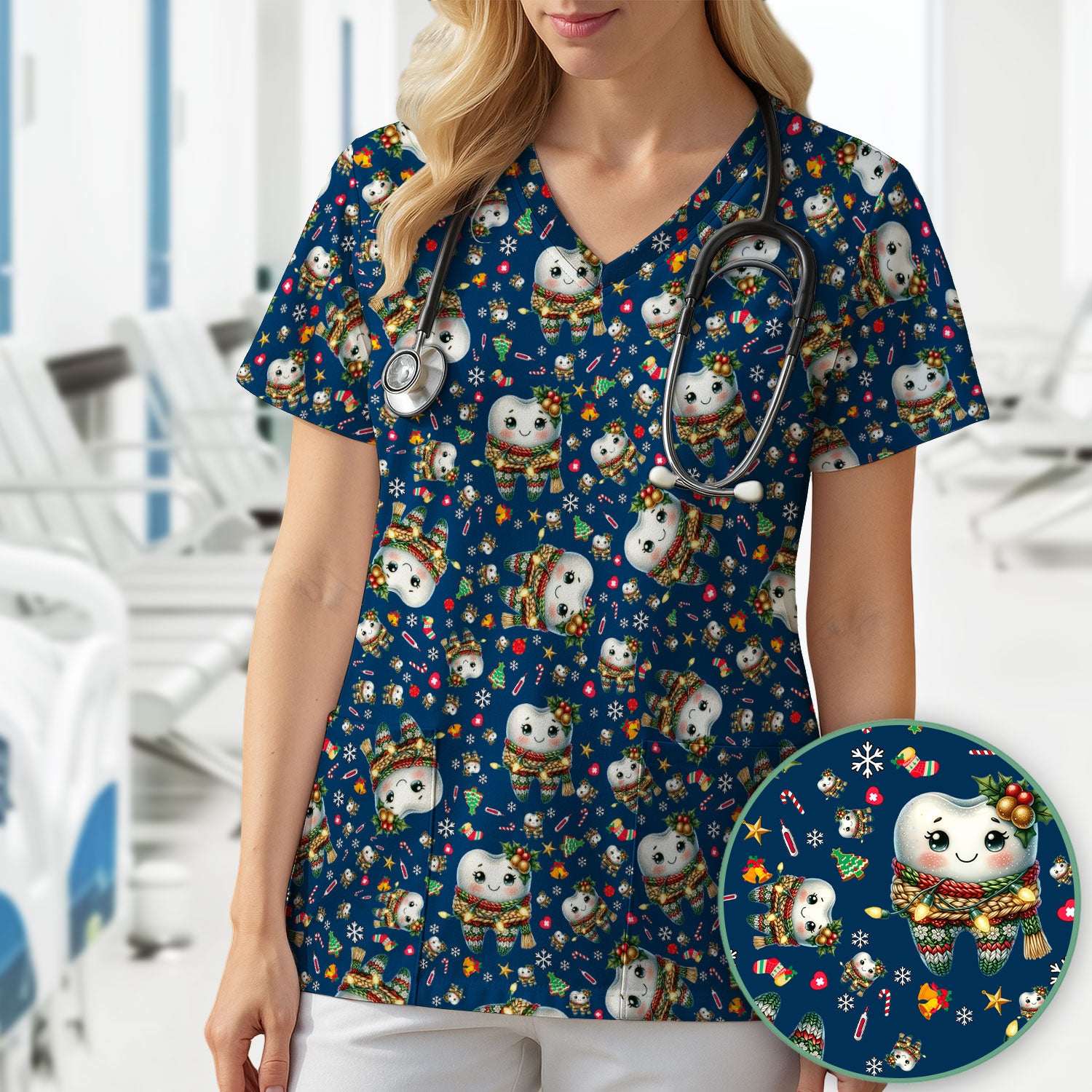 Christmas Tooth Scrub Top, Funny Dental Holiday Nurse Shirt For Women, Breathable Fabrics Nursing Uniform , Dentist Gift Idea