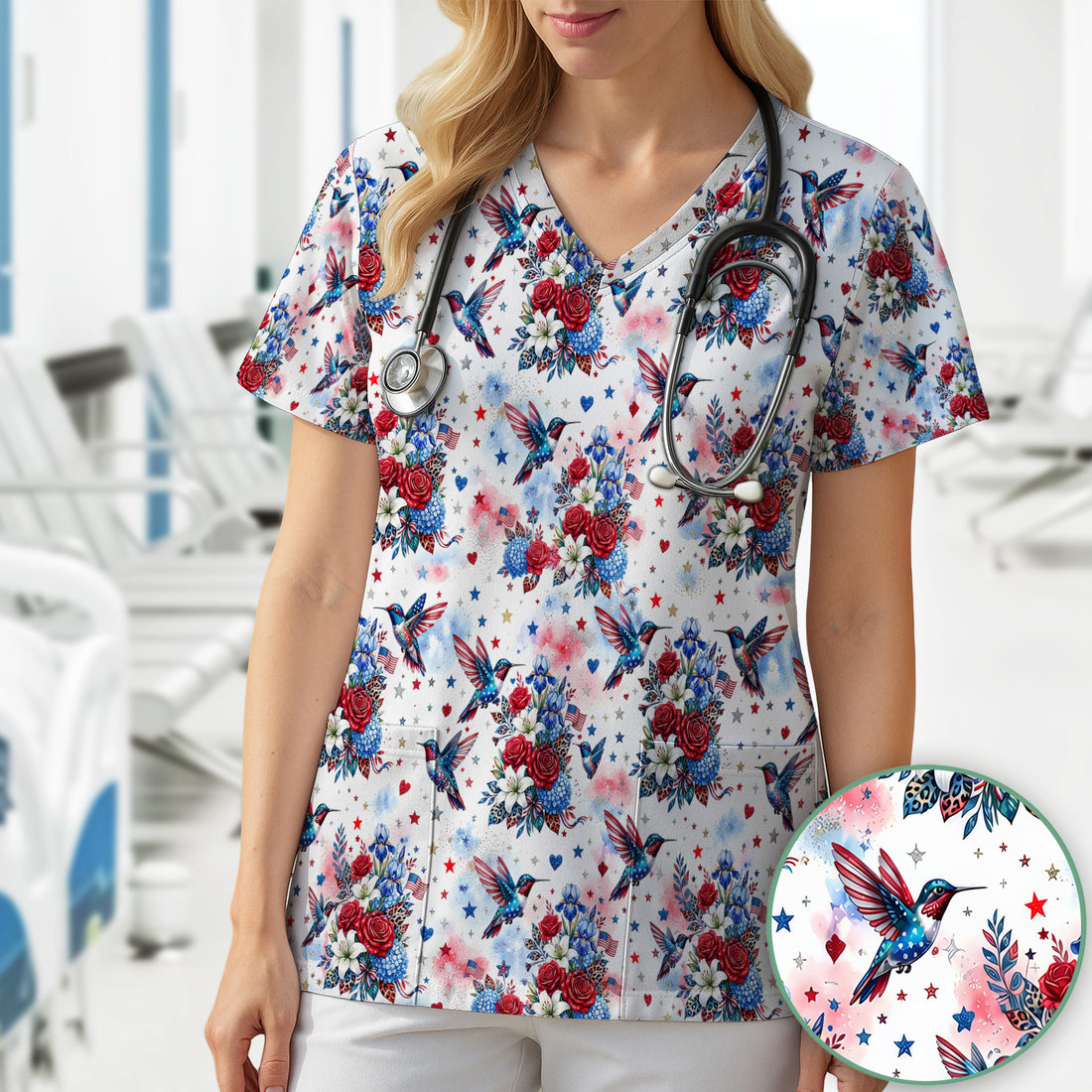 Patriotic Hummingbird Floral Bouquet Pattern Scrub Top, Comfortable Scrubs for Nurses