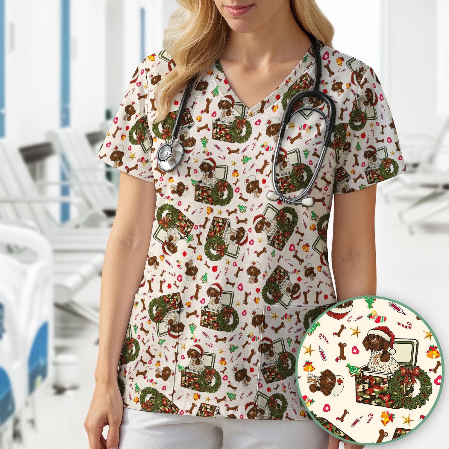 Christmas Dachshund Scrub Top - Cute Sausage Dog Nurse Shirt - Funny Holiday Medical Uniform for Women RN LPN CNA Gift