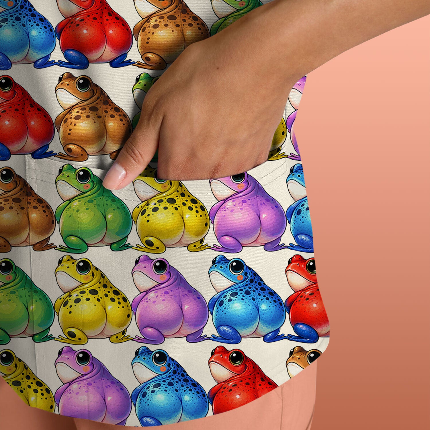 Funny Colorful Frogs Pattern Scrubs Top, Comfortable Scrubs for Nurses