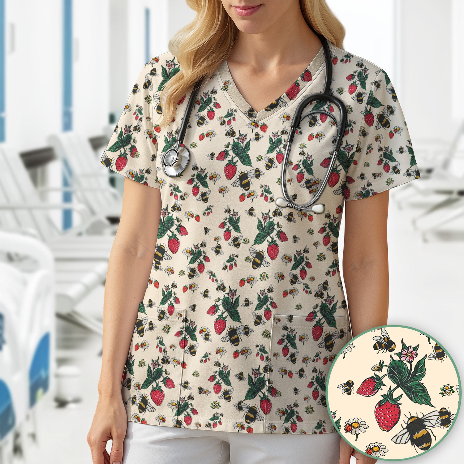 Cute Strawberry Bee Daisy Floral Pattern Scrub Top, Comfortable Scrubs for Nurses