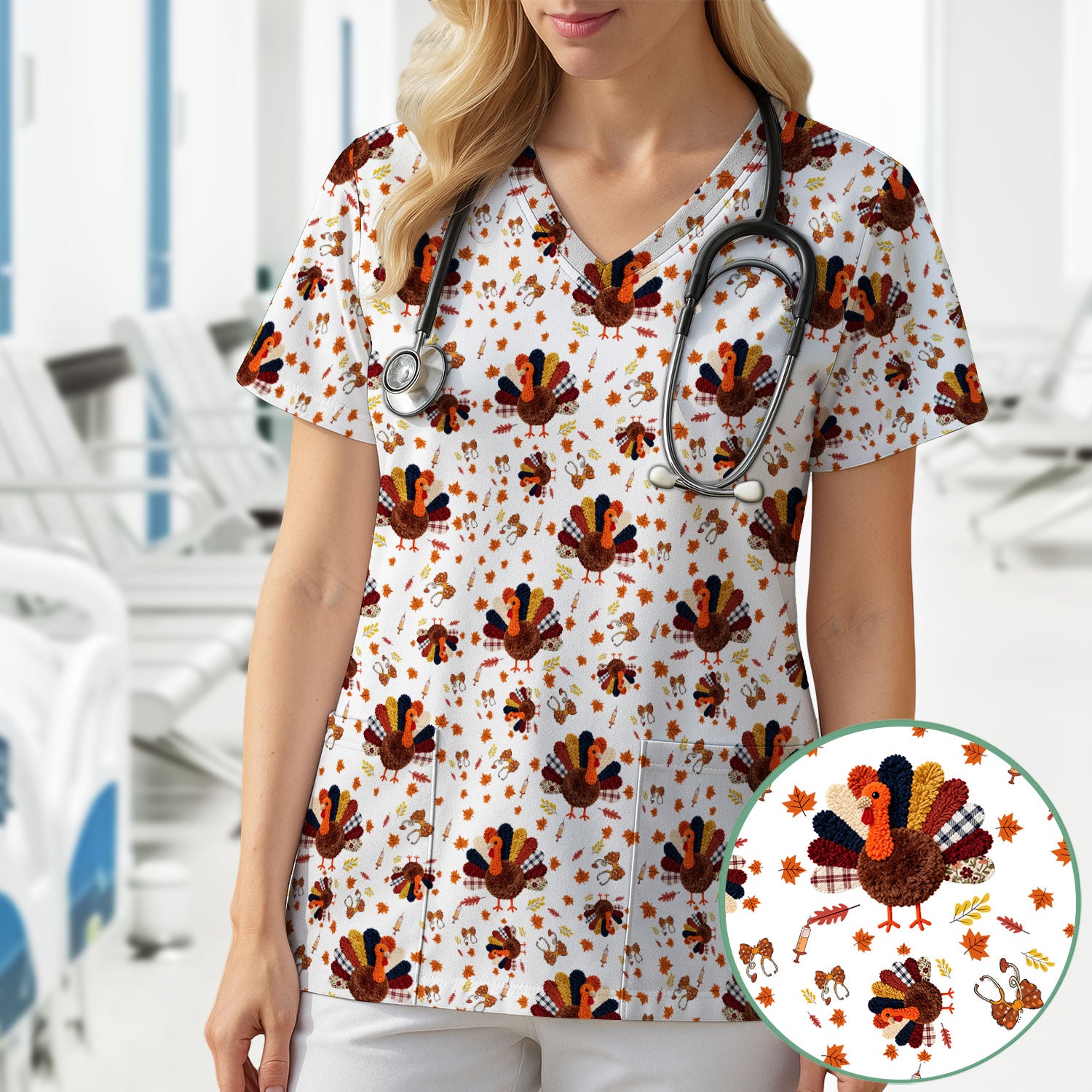 Thanksgiving Comfortable Scrubs for Nurses - Funny Autumn Turkey Shirt - Breathable Fabrics Nursing Uniform