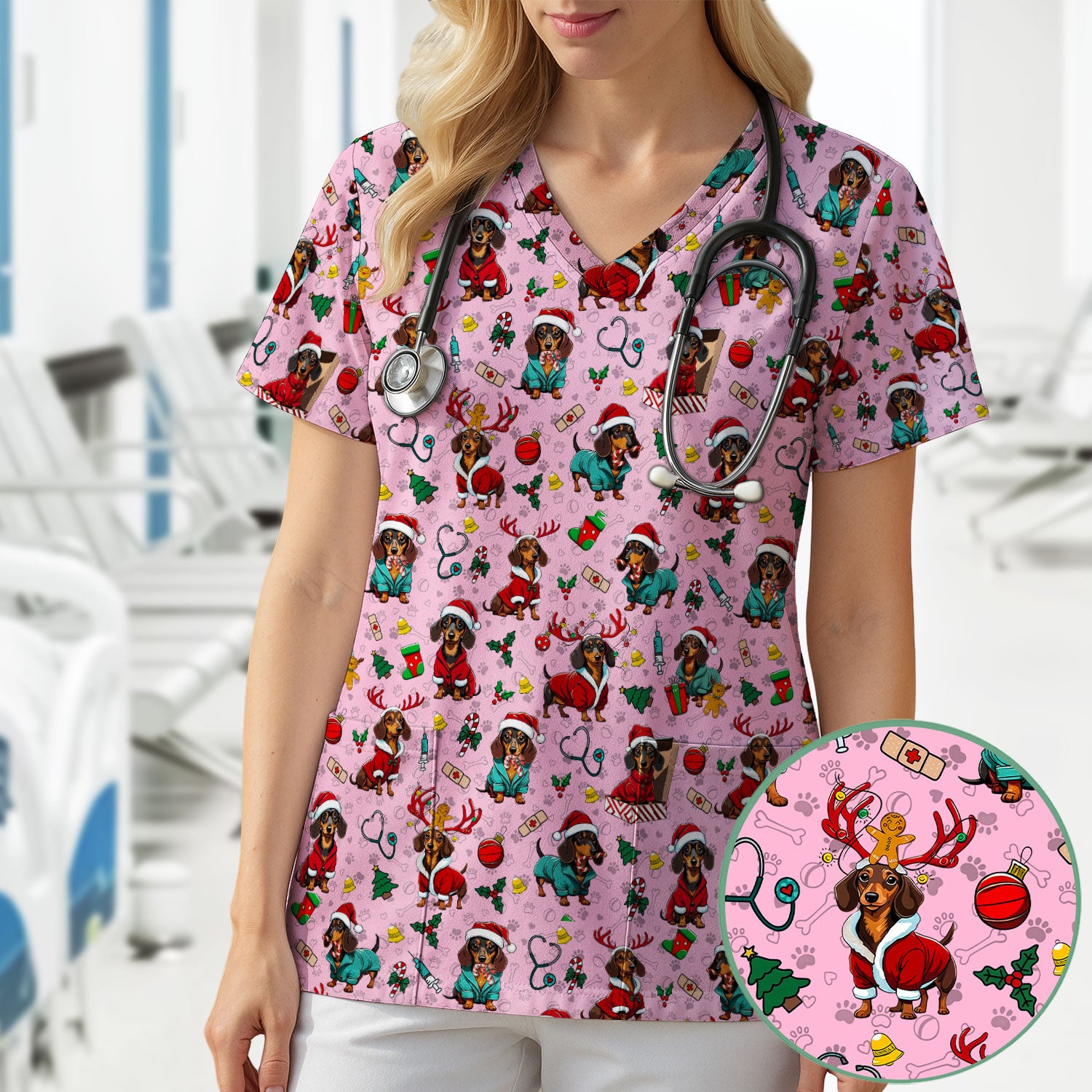 Christmas Dachshund Scrubs for Nurses - Cute Sausage Dog Holiday Scrub Top - Funny Reindeer & Santa Medical Shirt for Women