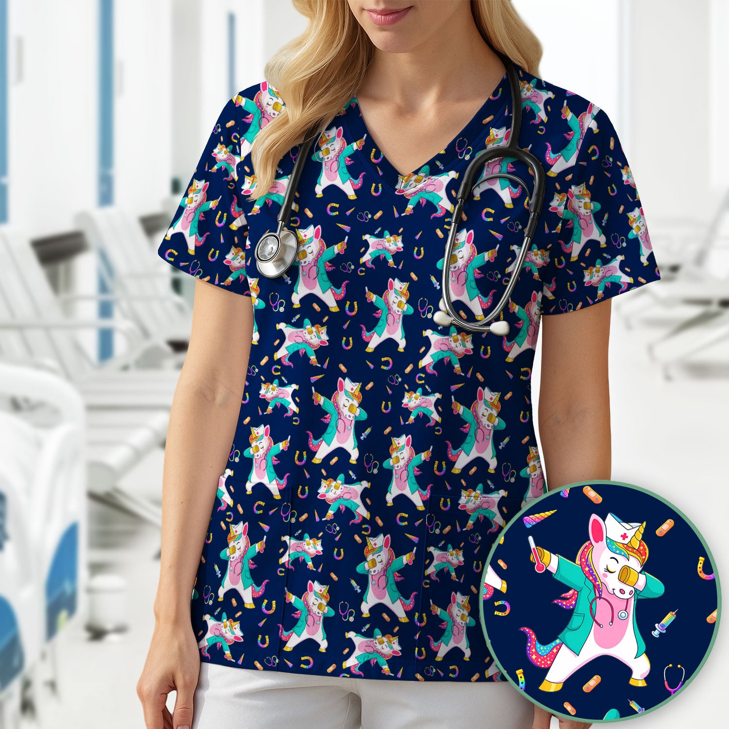 Cute Unicorn Nurse Dance Pattern Scrub Top, Breathable Fabrics Nursing Uniform