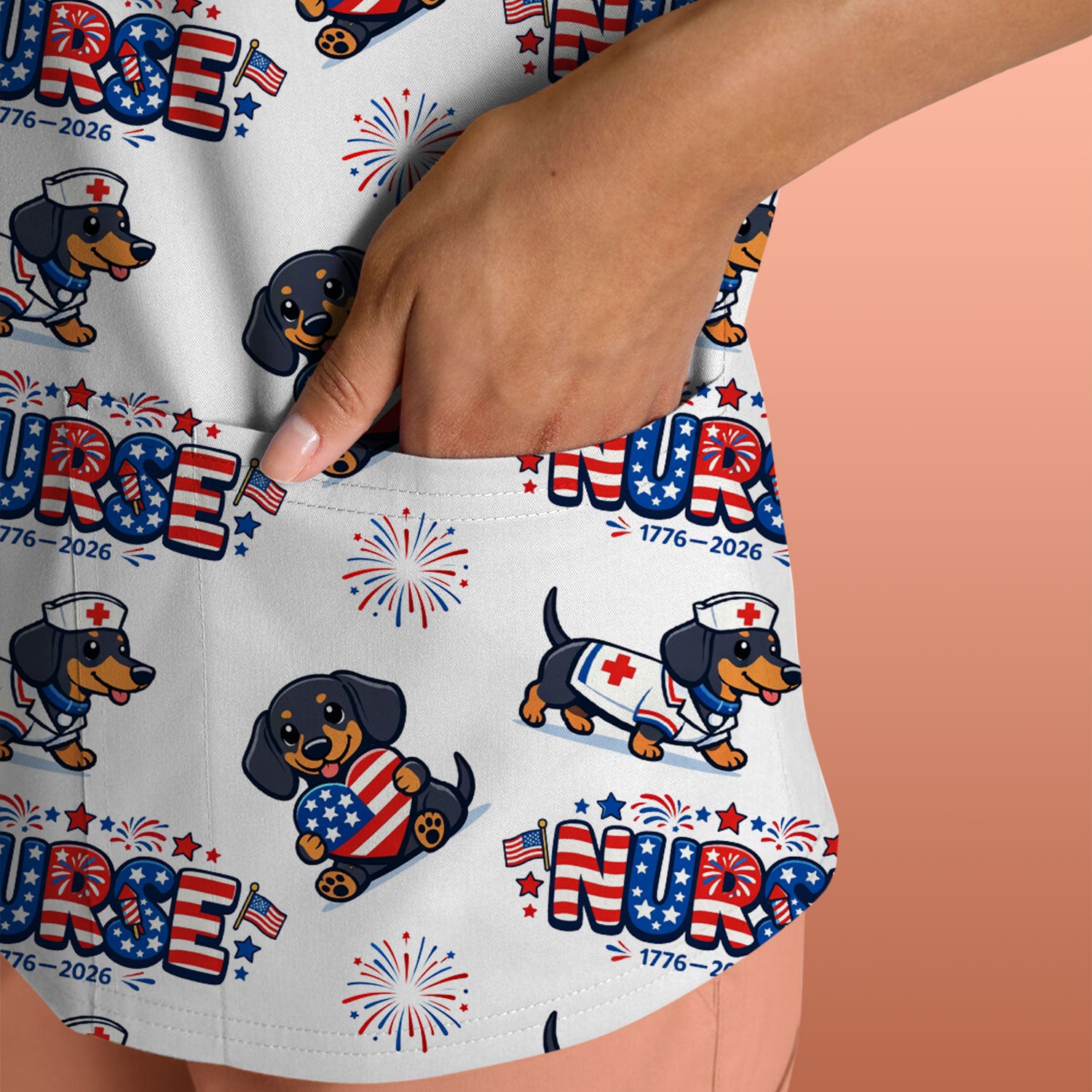 Proud Nurse Patriotic Dachshund Medical Firework Pattern Scrub Top, Comfortable Scrubs for Nurses