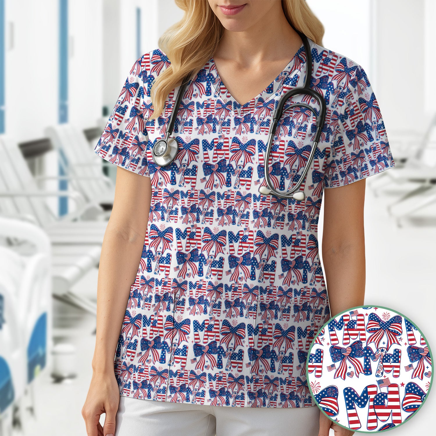 American Flag MaMa Bow Pattern Scrub Top, Comfortable Scrubs for Nurses