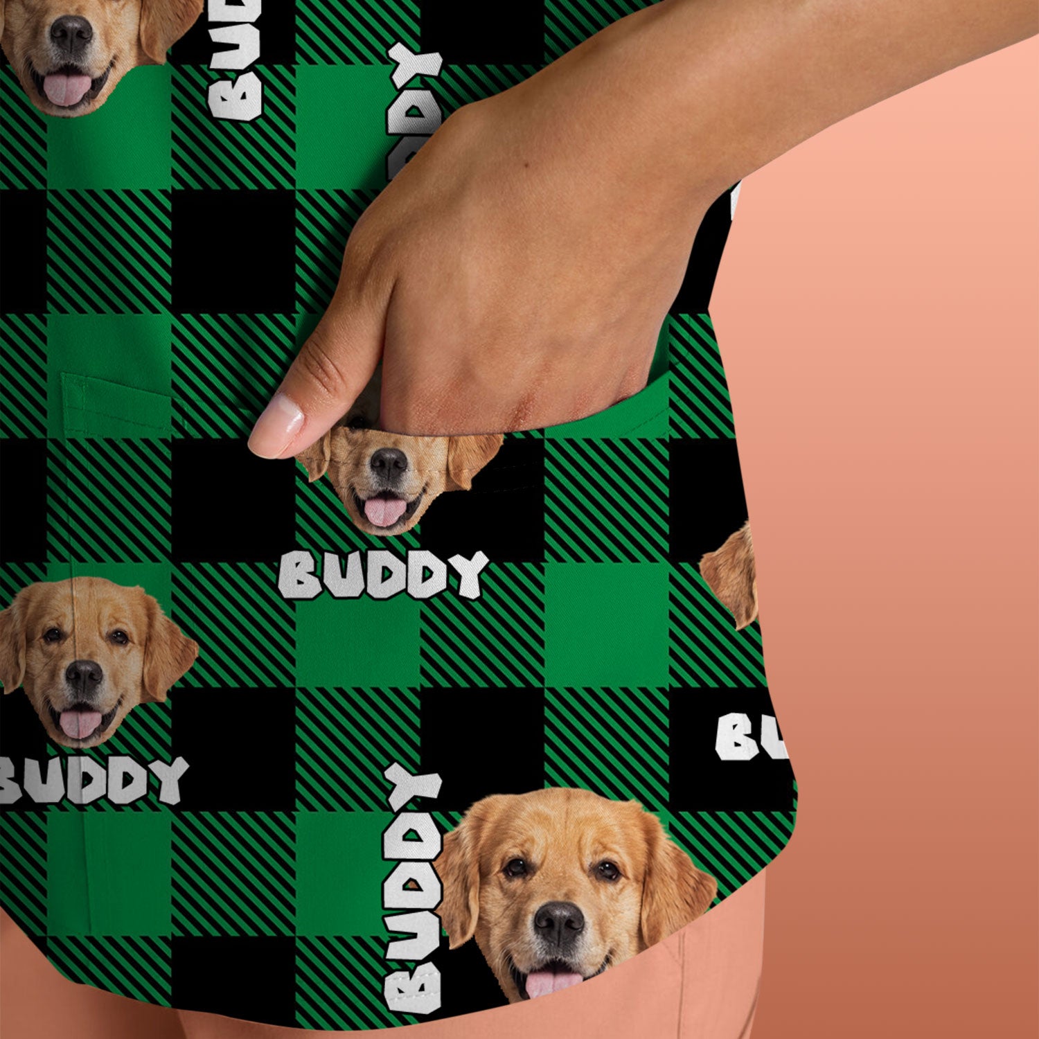 Custom Dog Face Scrub Top, Personalized Pet Photo Checkered Pattern Shirt, Custom Name Vet Tech Gift For Nursing