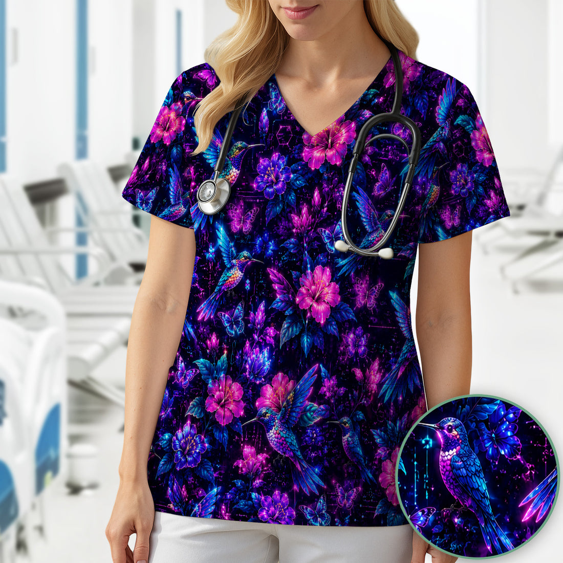 Neon Hummingbird Butterfly Bloom Pattern Scrub Top, Comfortable Scrubs for Nurses