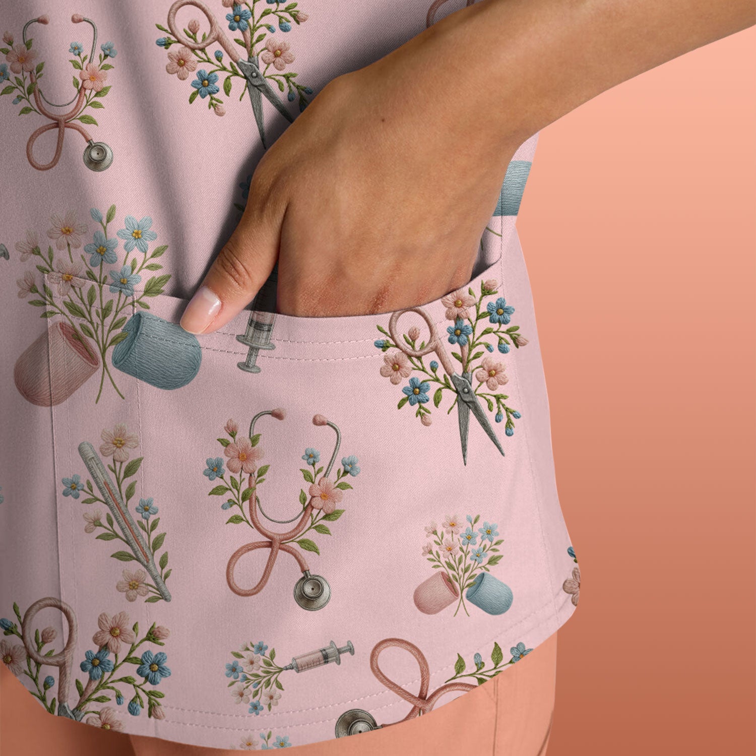 Floral Medical Scrub Top, Elegant Stethoscope With Flower Nursing Shirt, Breathable Fabrics Nurse Uniform