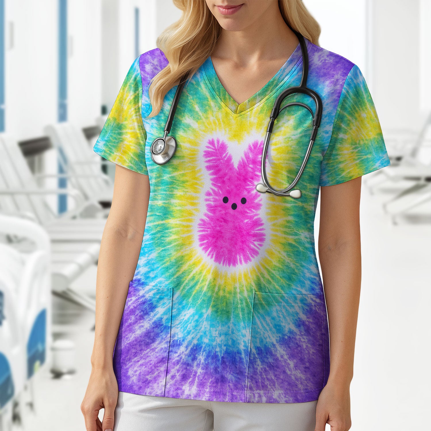 Easter Peep Tie Dye Scrub Top, Easter Bunny Nurse Shirt For Women, Breathable Fabrics Nursing Uniform