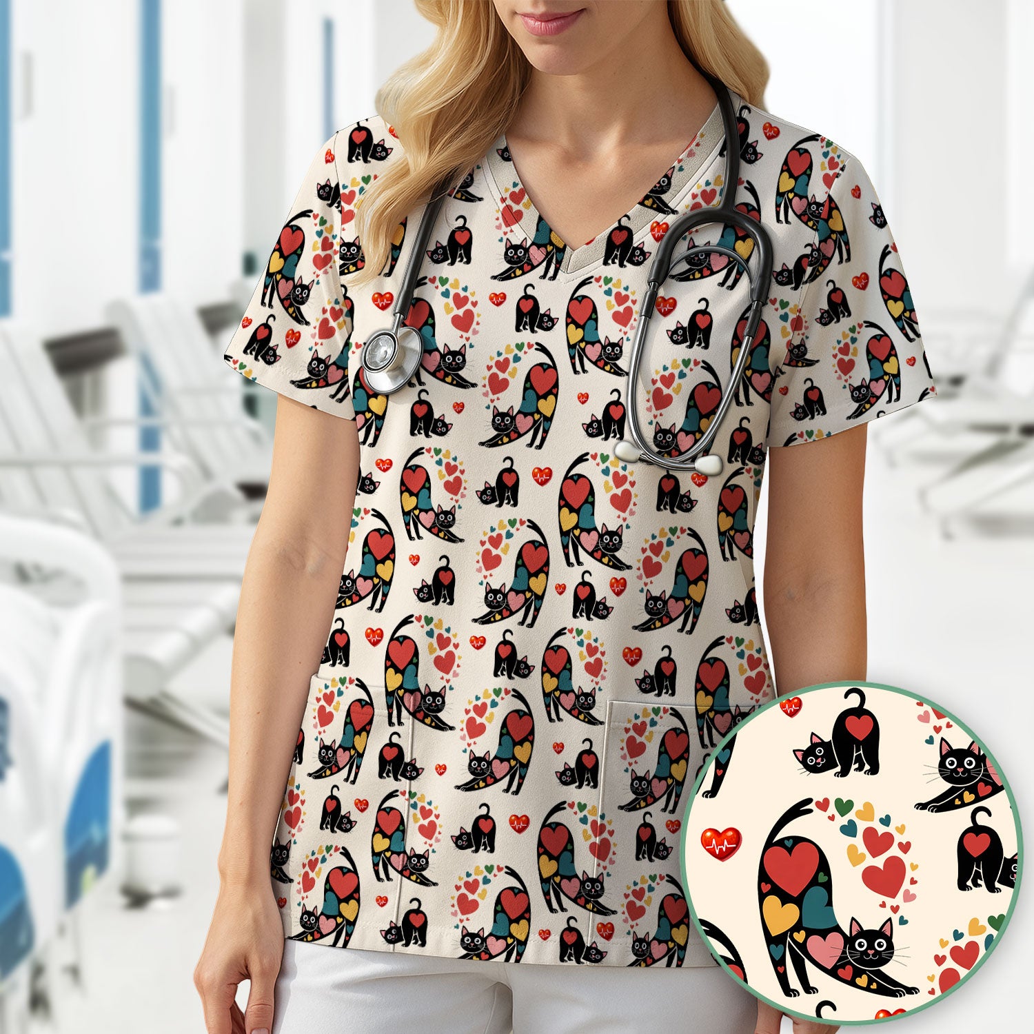 Playful Cat Valentine Heart Print Nurse Scrub Top, Comfortable Scrubs for Nurses