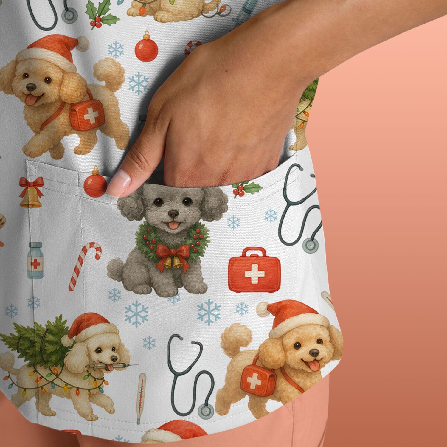Cute Christmas Dog Scrub Top - Puppy Nurse Shirt Santa Hat Print - Holiday Medical Scrubs Gift for Women CNA RN Doctor