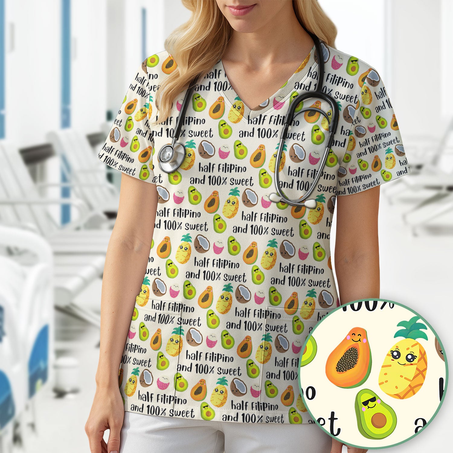 Playful Avocado Fruit Print Filipino Quote Scrub Top, Breathable Fabrics Nursing Uniform
