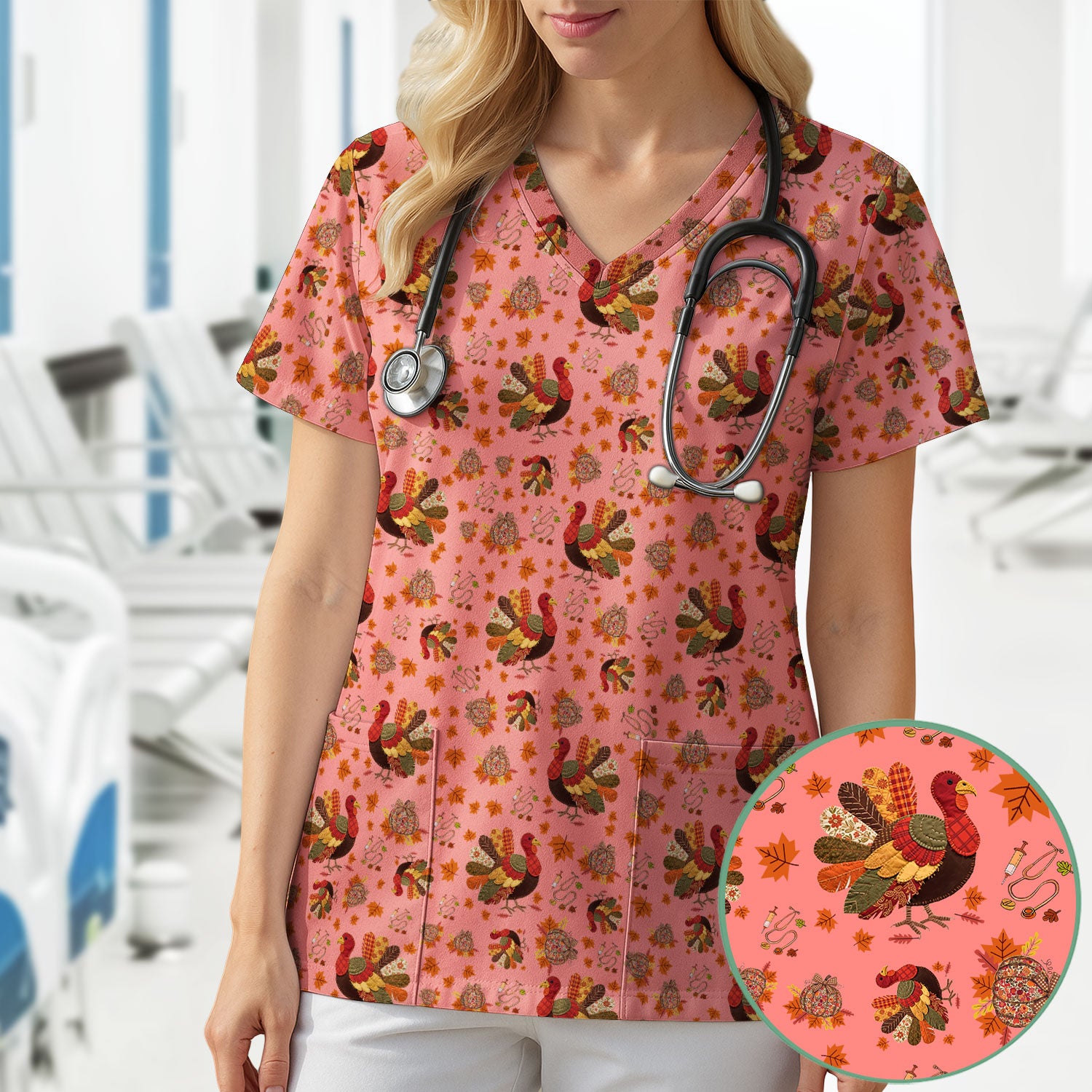 Fall Leaves Thanksgiving Scrubs for Nurses - Comfortable Scrub Tops - Turkey Nursing Uniform Gift for Women