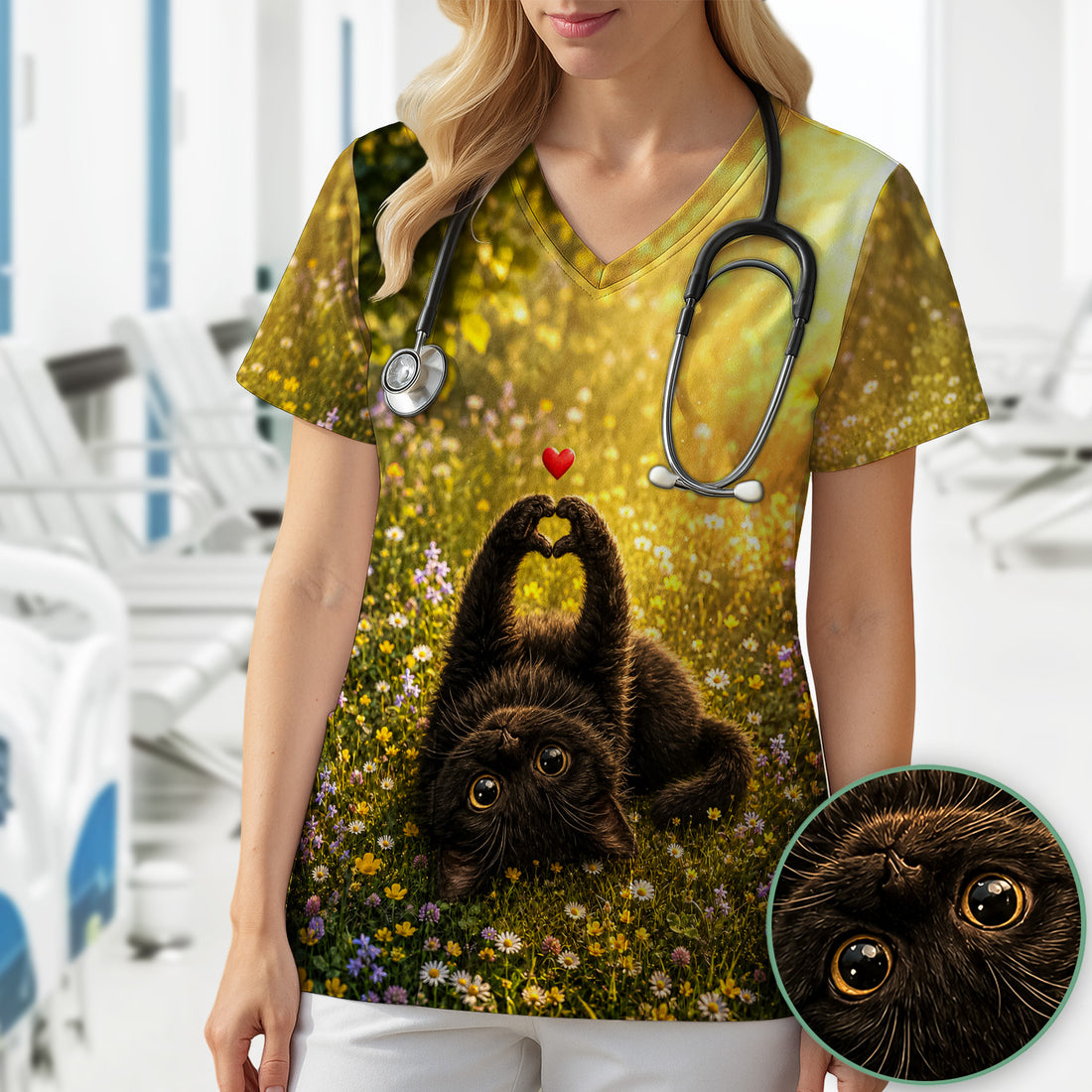 Upside Down Black Cat Meadow Pattern Scrub Top, Comfortable Scrubs for Nurses