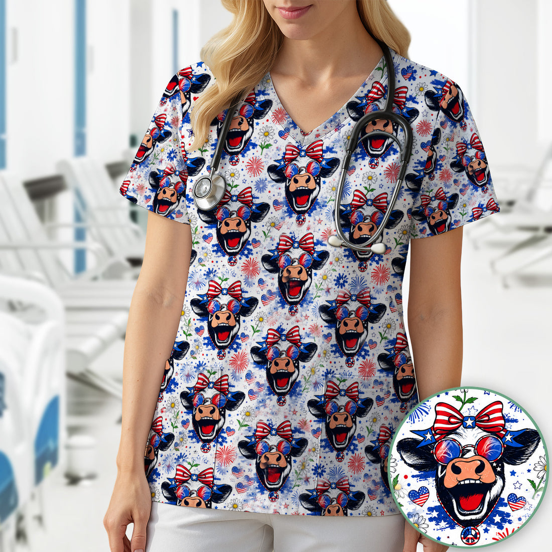 Funny Patriotic Cow Nurse Print Scrub Top, Comfortable Scrubs for Nurses