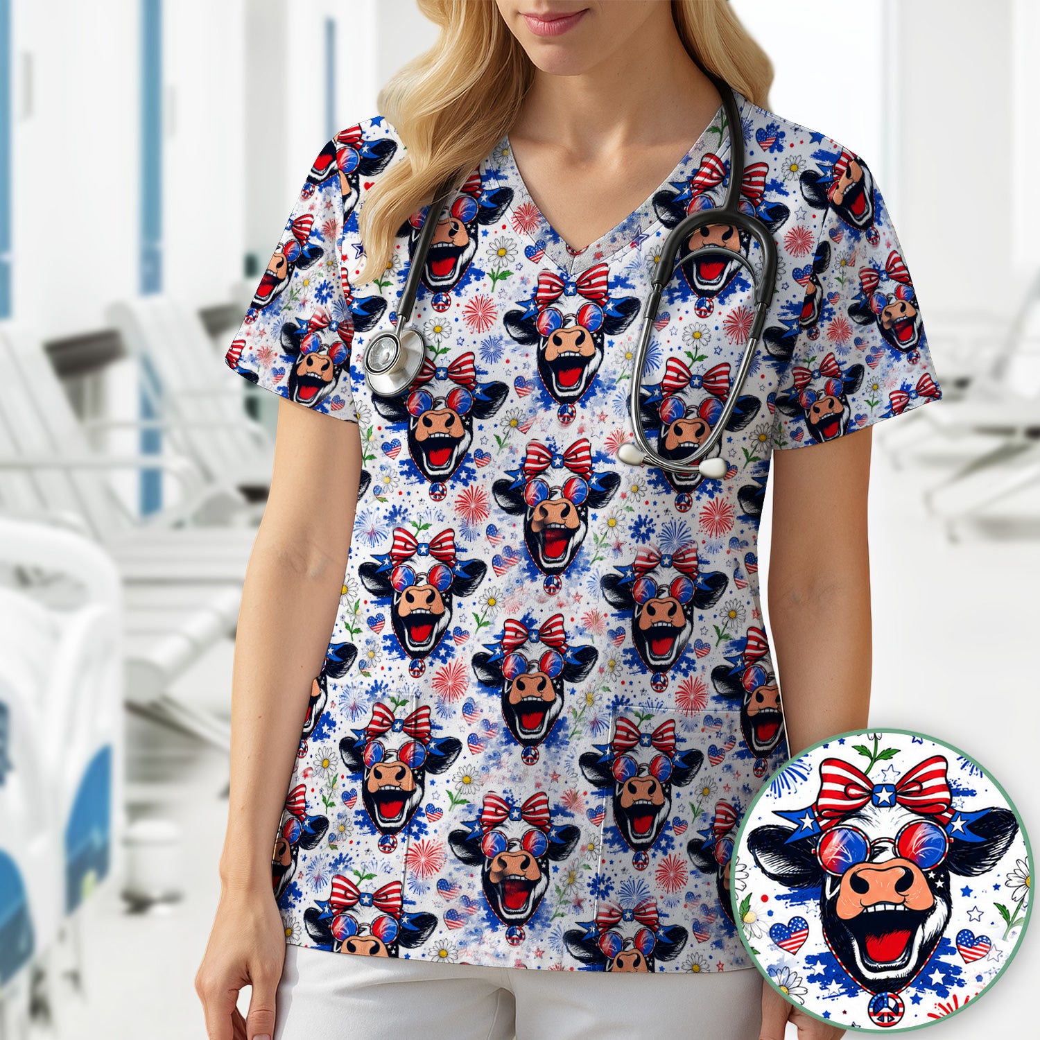 Funny Patriotic Cow Nurse Print Scrub Top, Comfortable Scrubs for Nurses