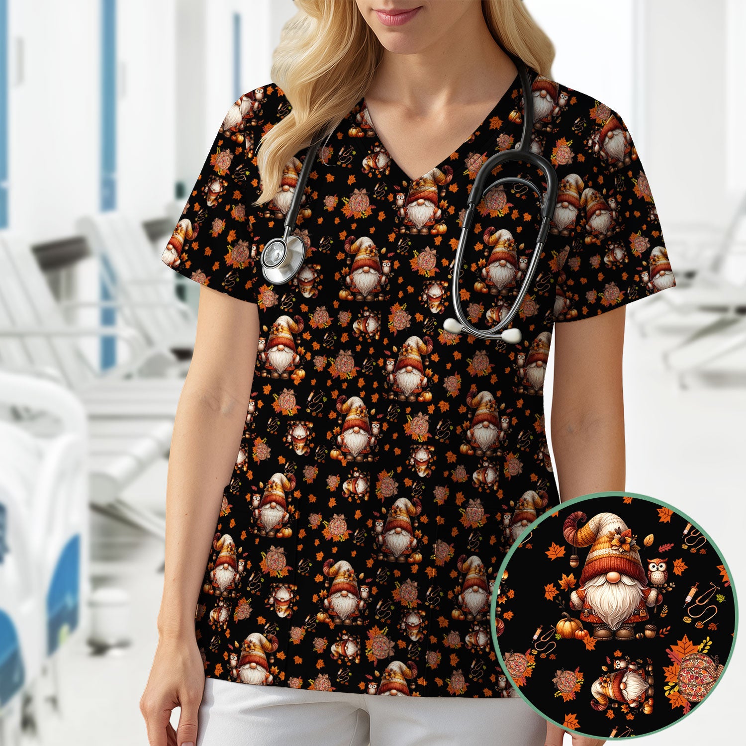 Autumn Leaves Pumpkin Scrubs for Women - Comfortable Scrubs for Nurses - Breathable Fabrics Nursing Uniform