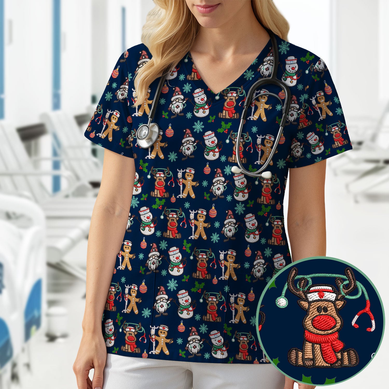 Reindeer Xmas Scrubs for Women - Gingerbread Cookies Shirts - Comfortable Scrubs for Nurses - Breathable Nursing Uniform