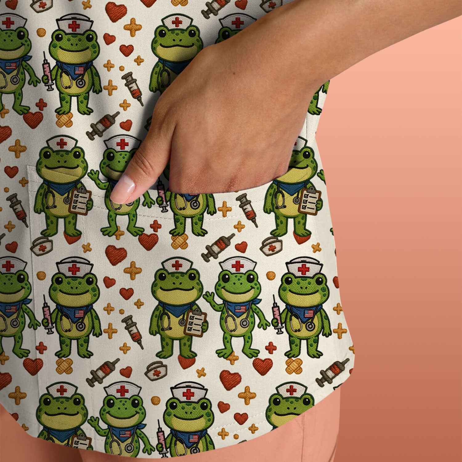 Frog Pattern Scrub Top, Cute Frog Scrub Shirt, Breathable Fabrics Nursing Uniform