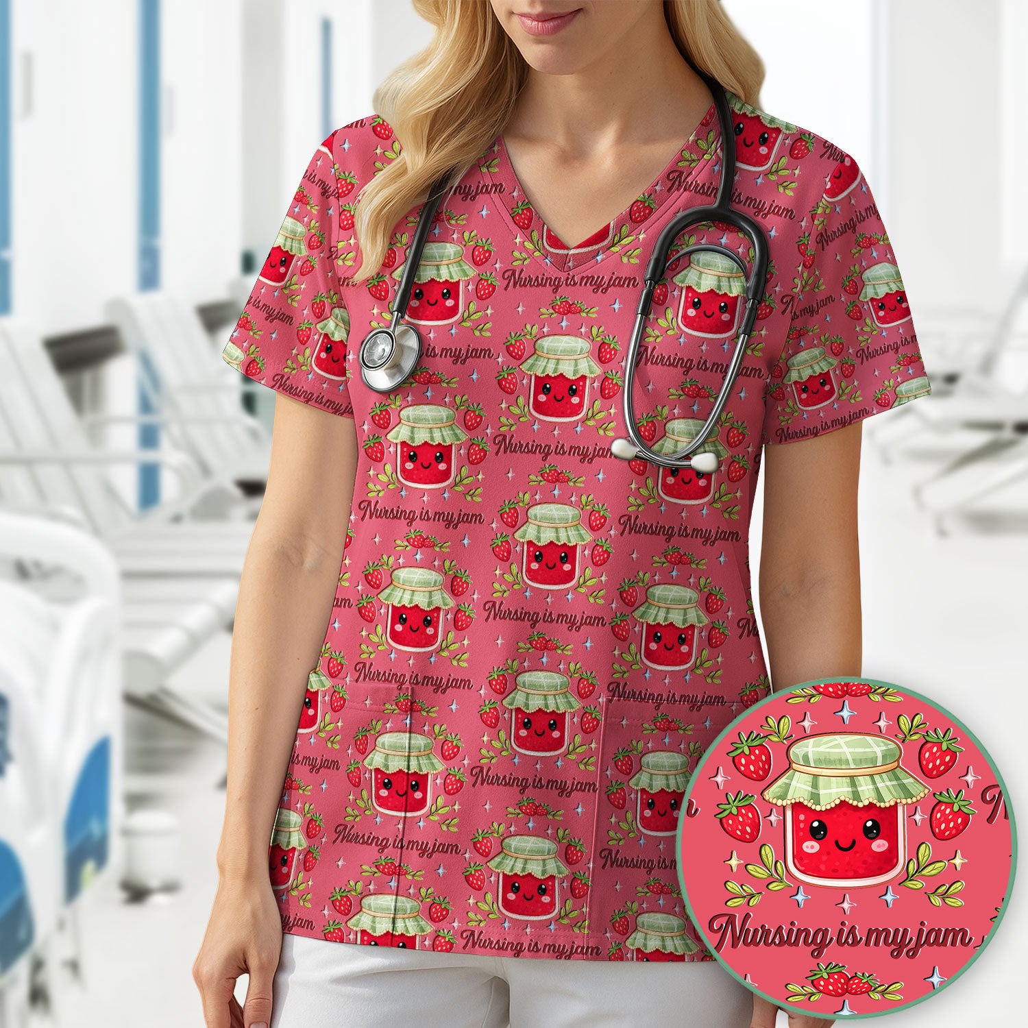 Cute Strawberry Jam Nurse Pattern Scrub Top, Breathable Fabrics Nursing Uniform