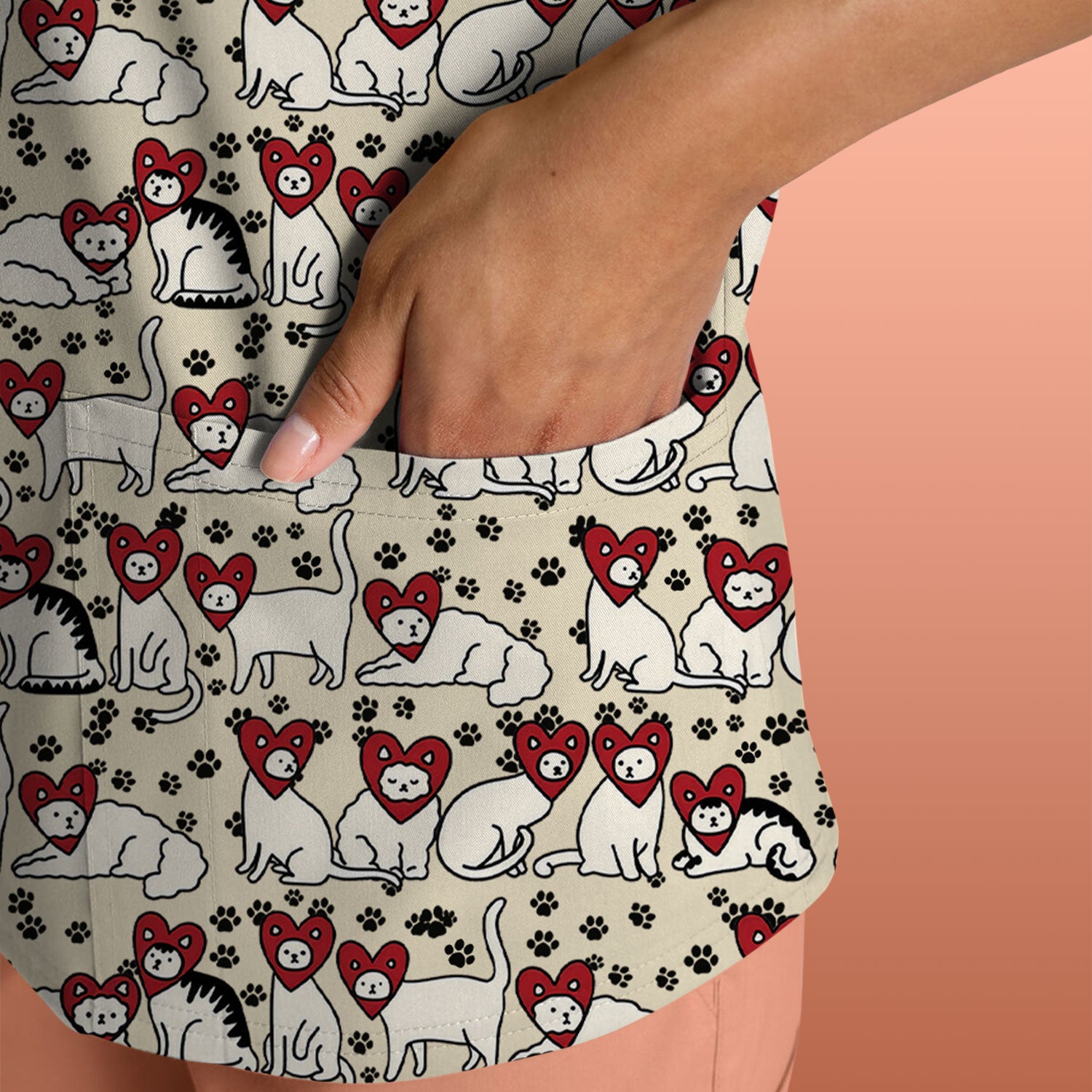 Cute Cat Heart Pattern Scrub Top, Funny Cat Scrub Shirt For Nurses, Breathable Fabrics Nursing Uniform