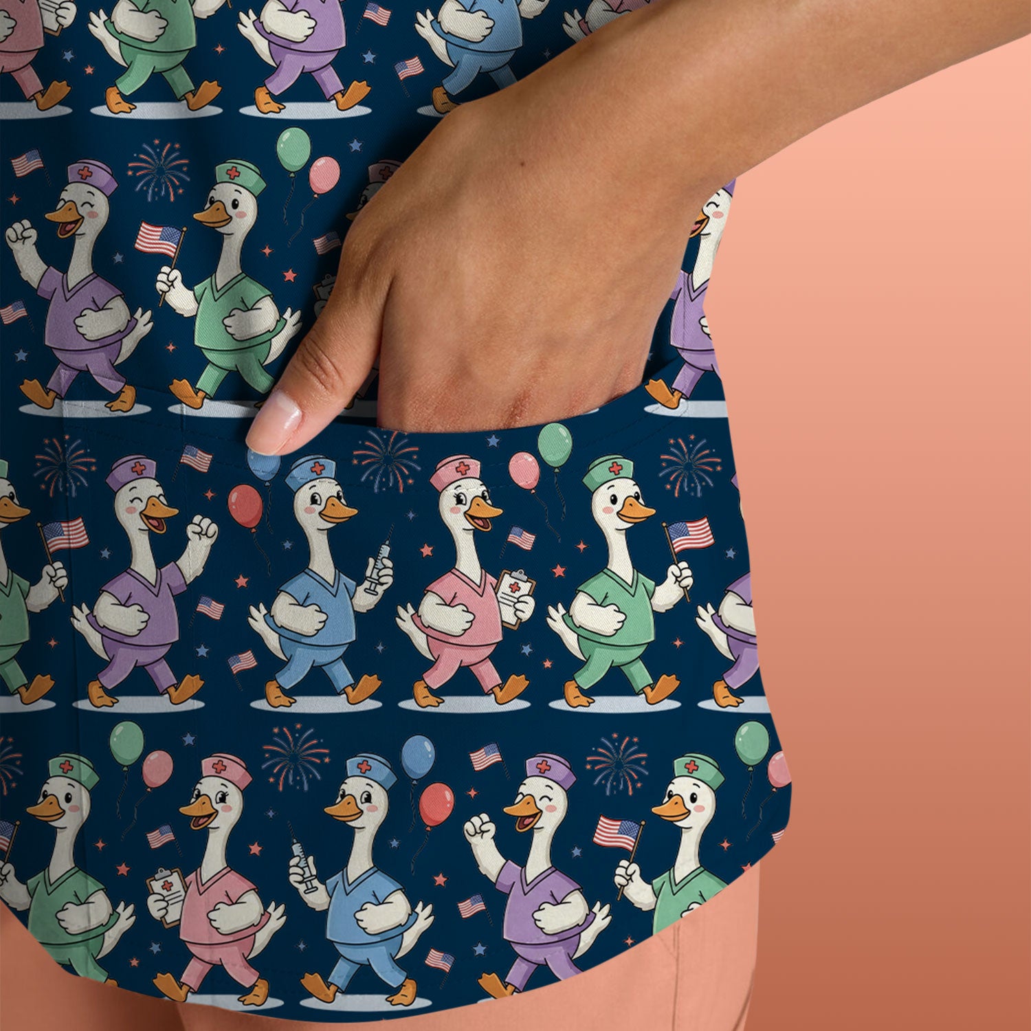 Cute Nurse Ducks Balloons Pattern Scrubs Top, Breathable Fabrics Nursing Uniform