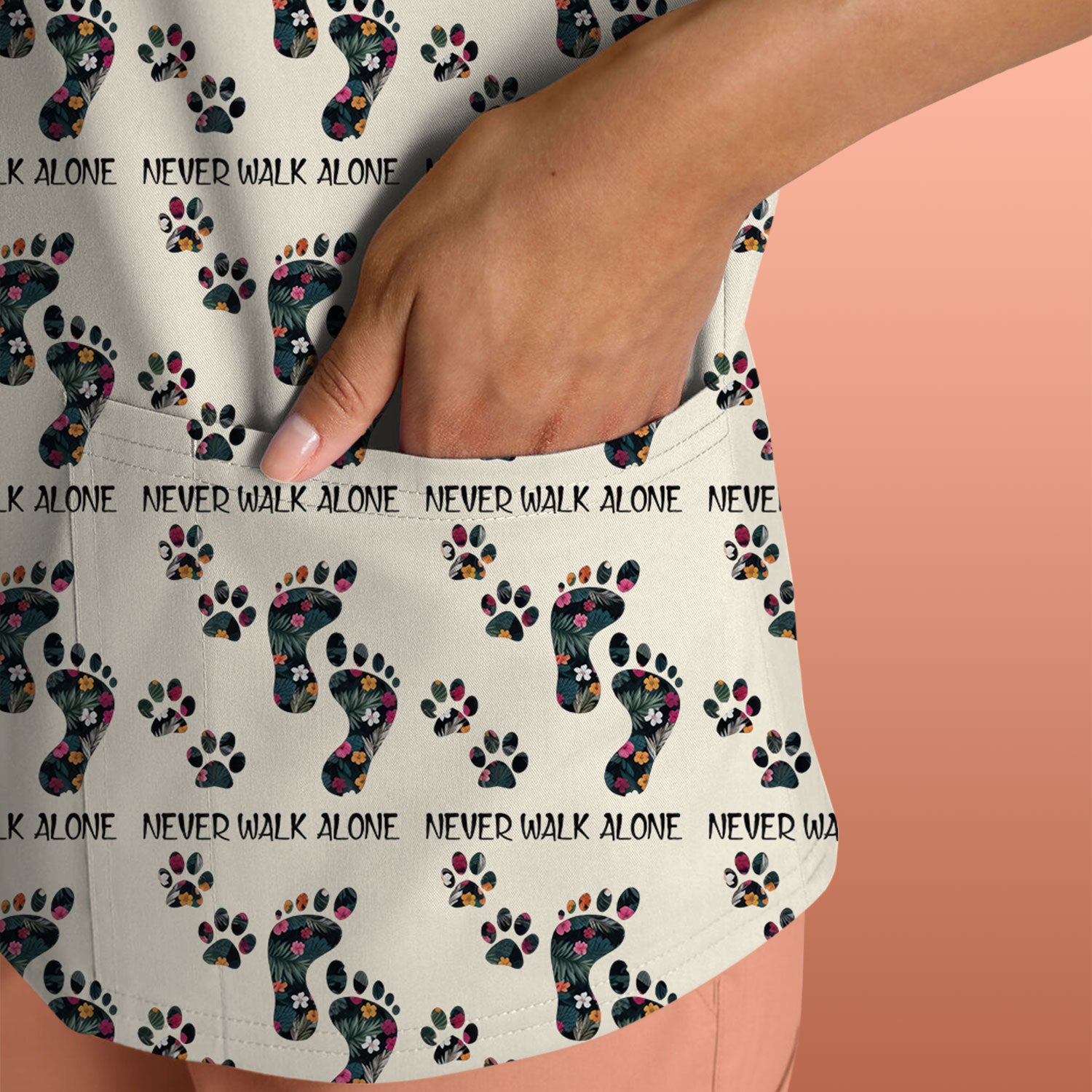 Never Walk Alone Scrub Top, Floral Paw Print Medical Scrub Shirt for Nurses, Vet Techs And Healthcare Workers