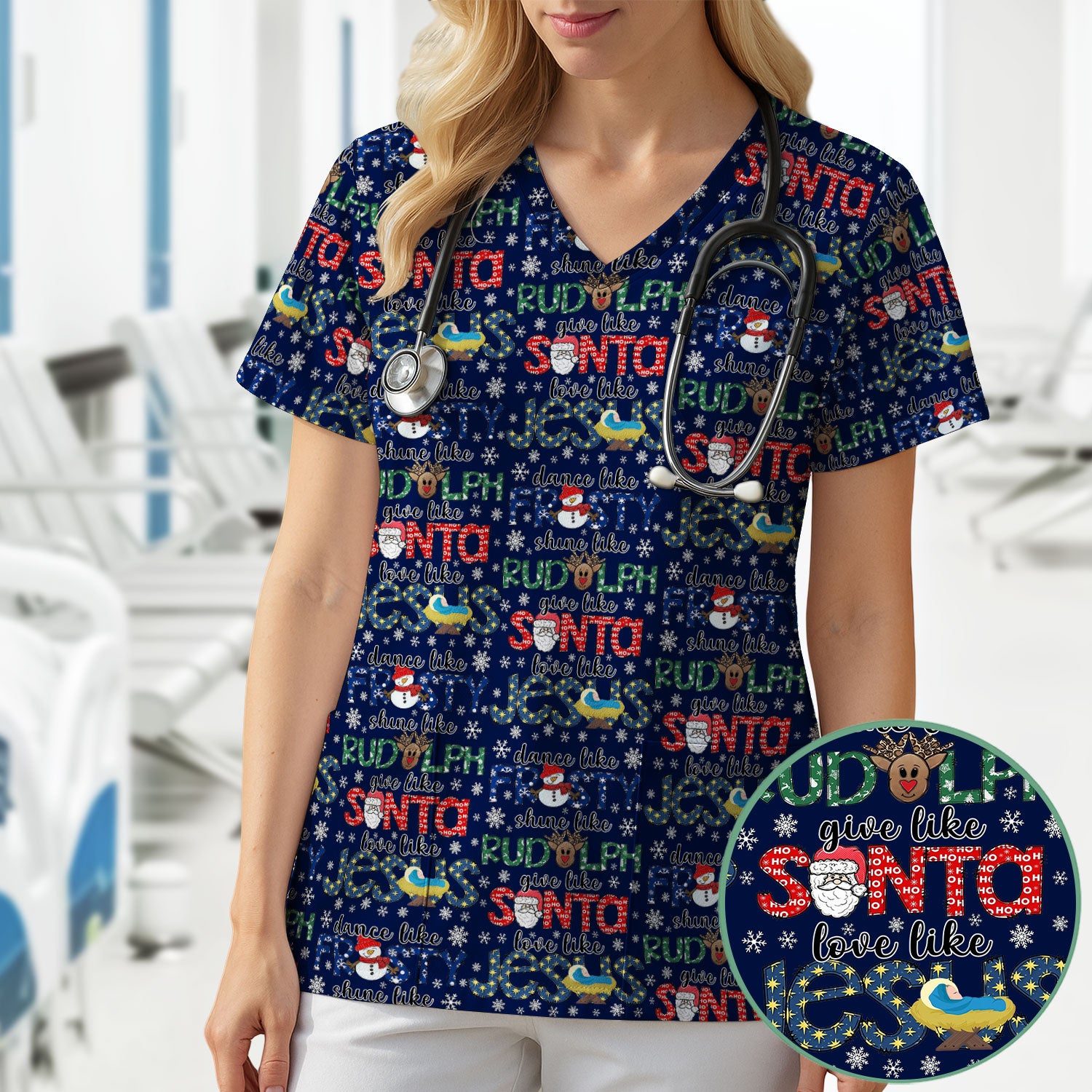 Xmas Rudolph Comfortable Scrubs for Nurses - God Santa Shirt - Breathable Fabrics Nursing Uniform Gift for RN CNA LPN