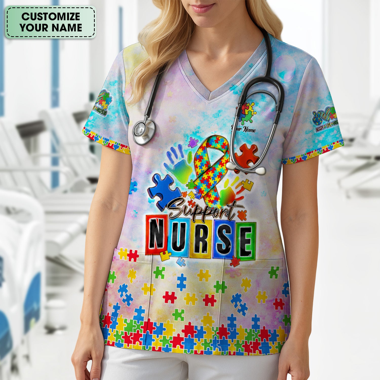 Personalized Inspirational Autism Awareness Nurse Puzzle Ribbon Pattern Scrub Top, Comfortable Scrubs For Nurses