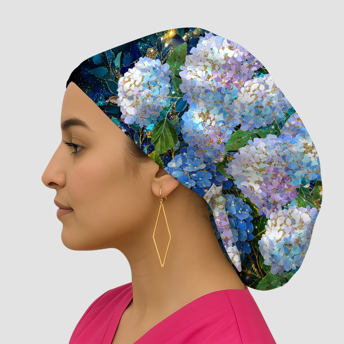Blue Hydrangea Floral Pattern Scrub Cap, Surgical Caps for Doctors