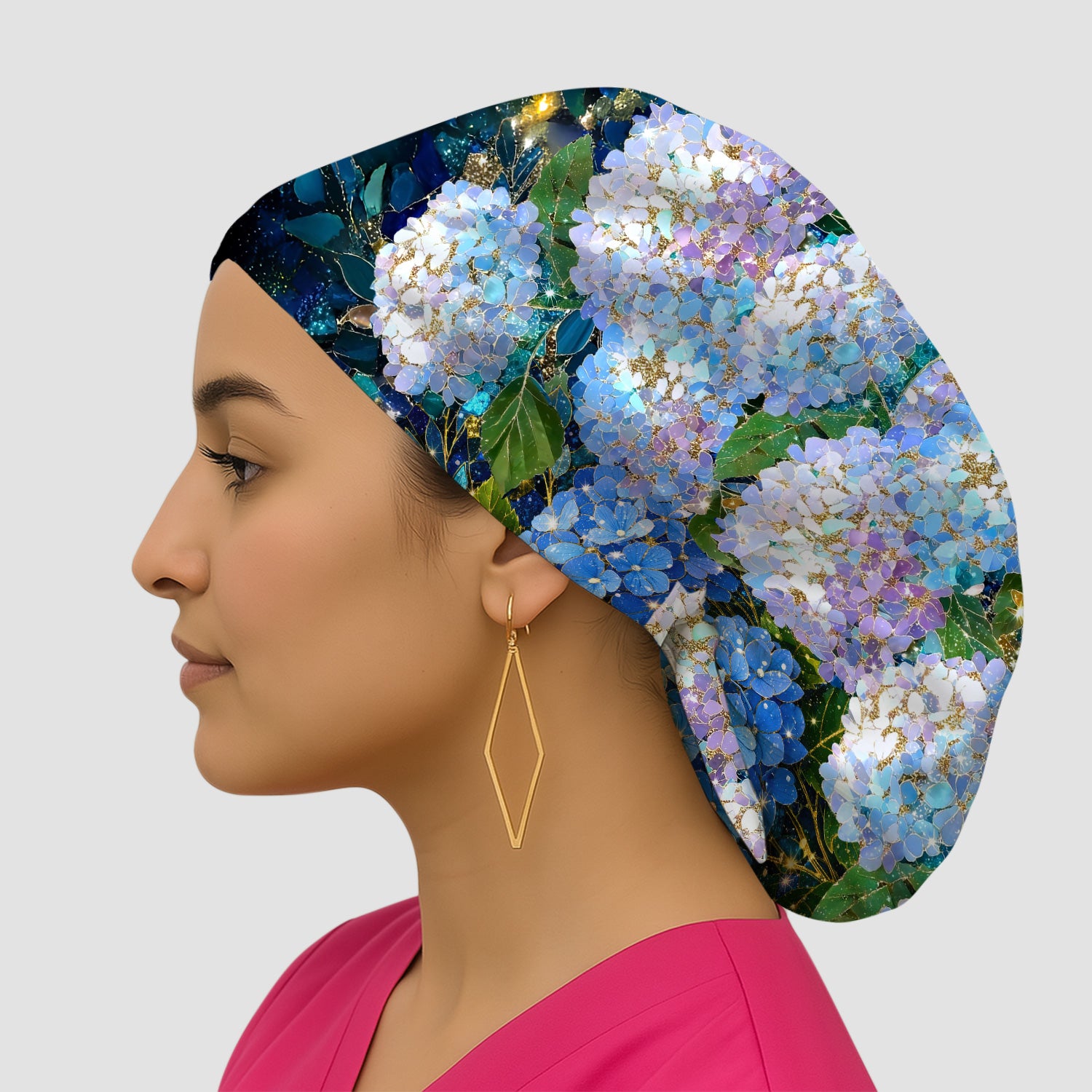 Blue Hydrangea Floral Pattern Scrub Cap, Surgical Caps for Doctors