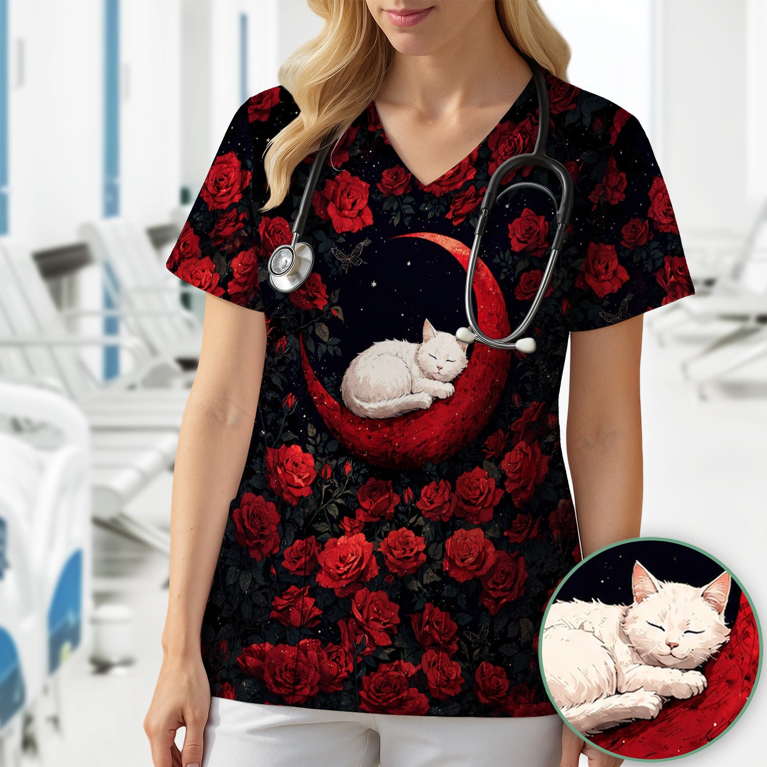 Gothic Red Moon Cat Nurse for Veterinary Staff, RN, CNA, Rose Medical Scrub Top, Comfortable Scrubs for Nurses